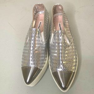 Miu Miu Silver Perforated Leather Metal Cap Toe Platform Sneakers Size 39